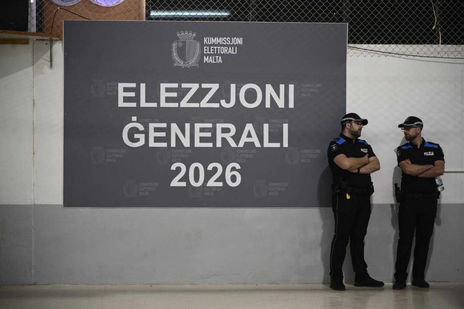 Police officers stationed at the Naxxar counting hall. Photo: Matthew Mirabelli