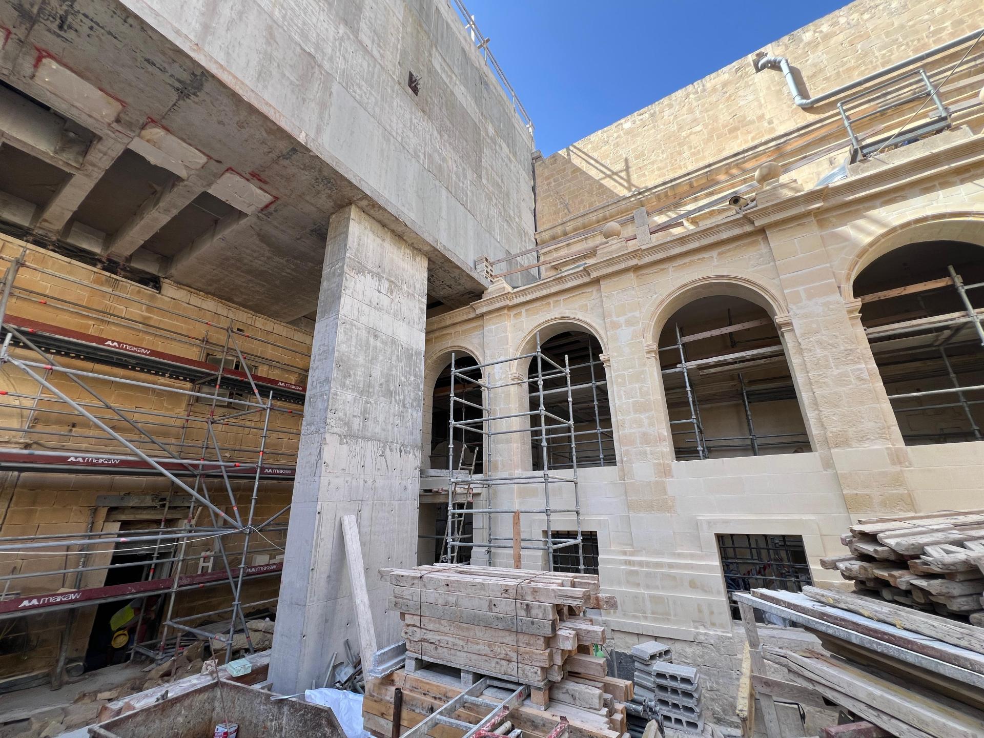 Work ongoing on the arches which will form a base of the new, modern first-floor construction that will house the Tapestry Chamber. Photo: Chris Sant Fournier