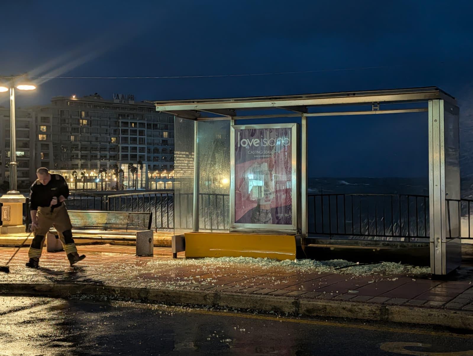 Glass broken at a Sliema bus stop.