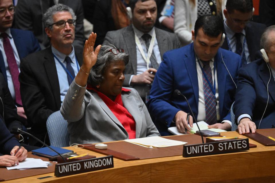 US Ambassador to the United Nations Linda Thomas-Greenfield votes abstain during a vote on a resolution calling for an immediate ceasefire in Gaza during a United Nations Security Council meeting on the situation in the Middle East. Photo: AFP