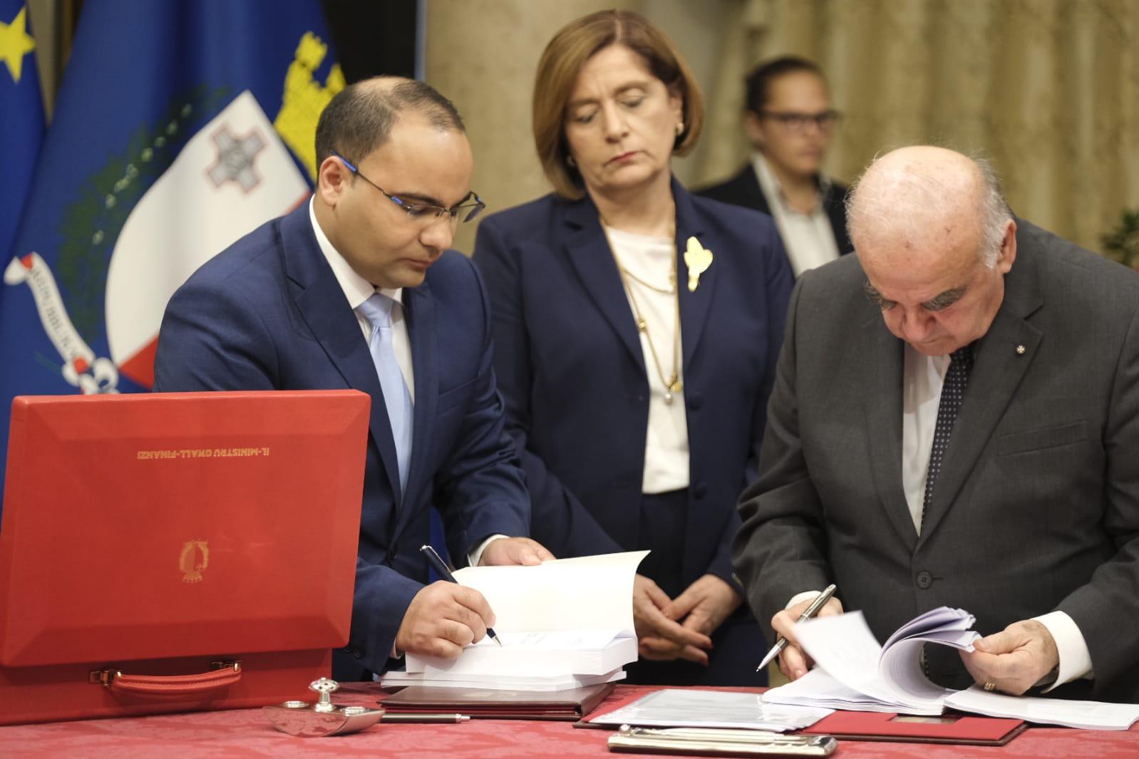 President George Vella inspects the documents ahead of Budget 2023 being presented to parliament. Photo: Jonathan Borg