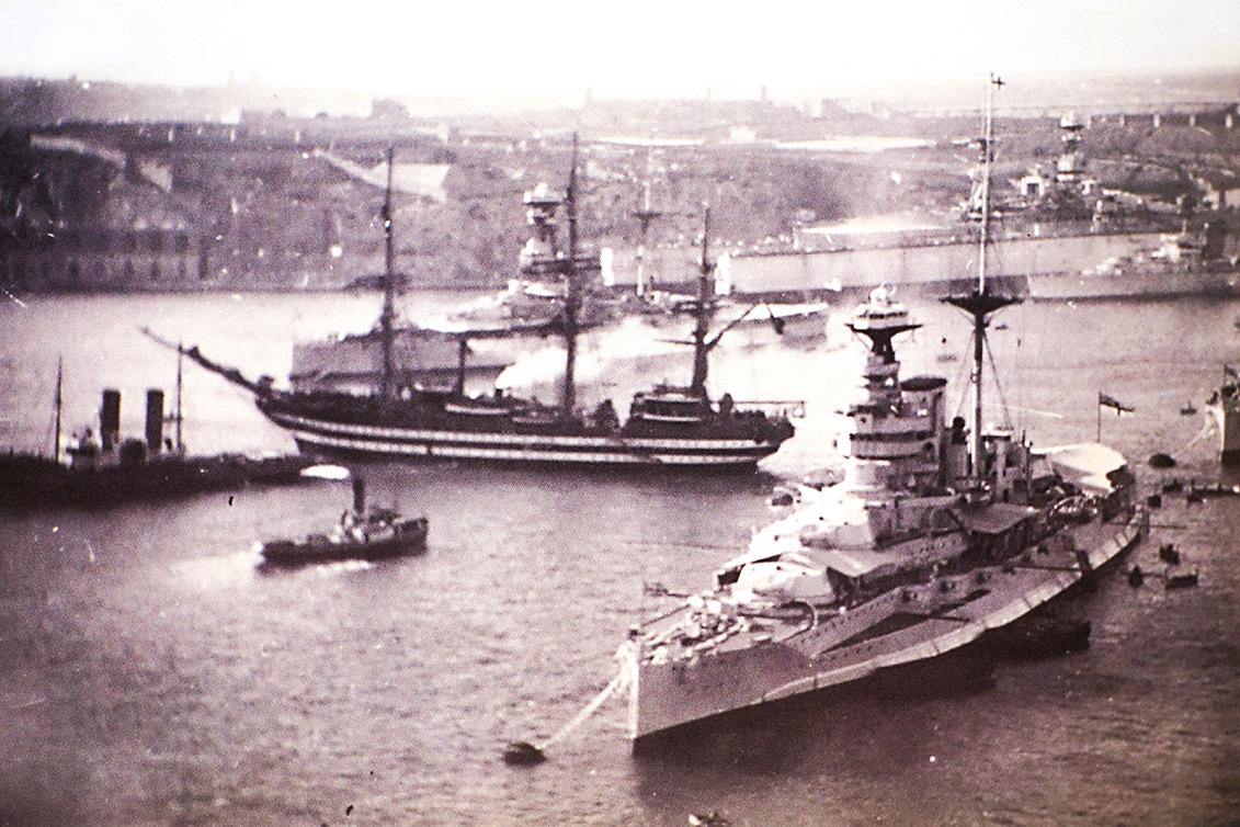The cadet training ship Amerigo Vespucci pictured amid British warships in Grand Harbour. Photo: Geo Fürst