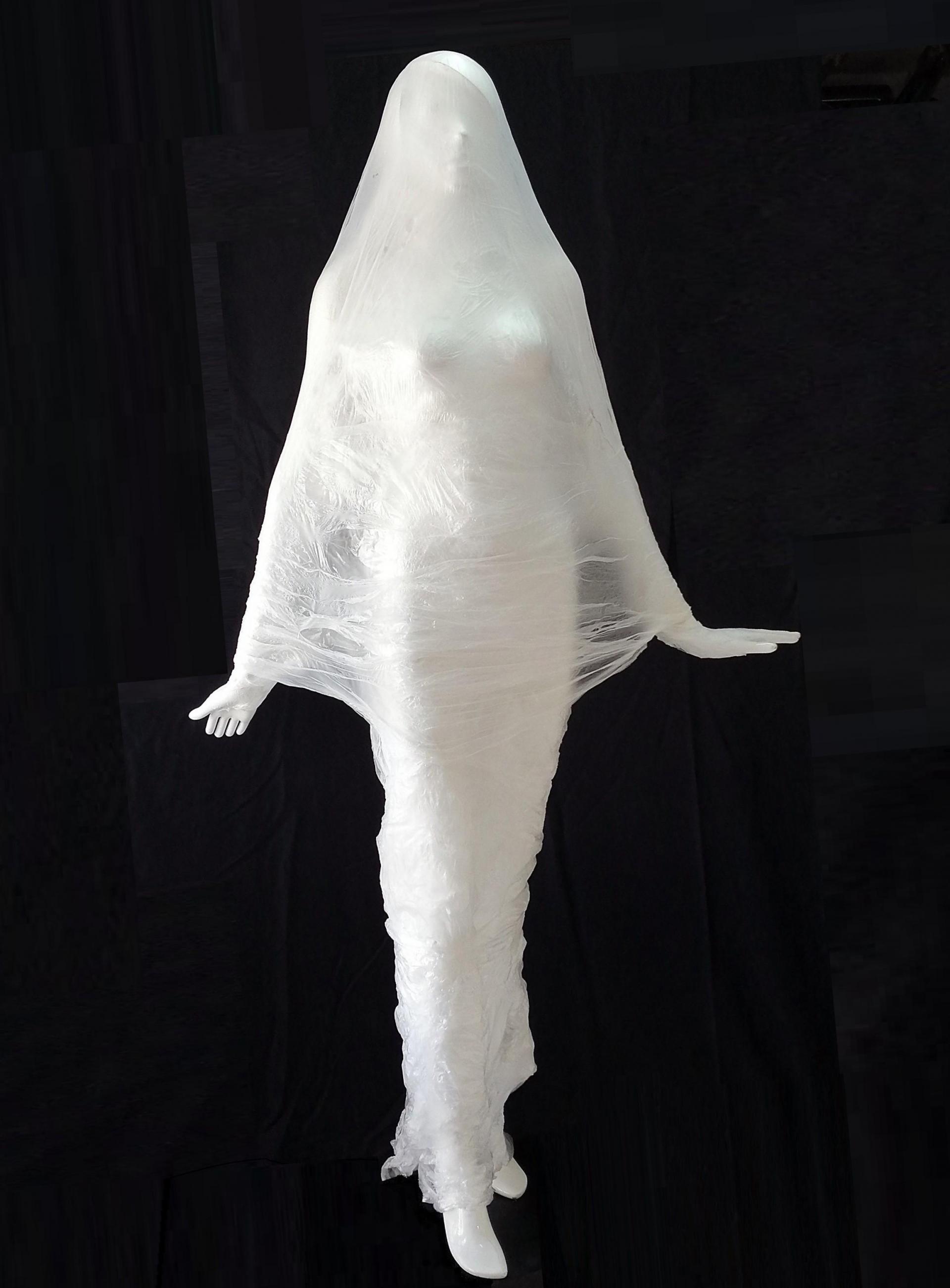 <em>Spectre of the Pandemic </em>(2020), a broken mannequin covered with plastic bags by Joseph Barbara