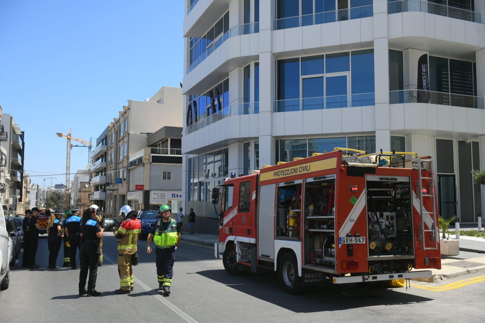 A fire engine outside the ST Tower in Gżira. (Matthew Mirabelli)