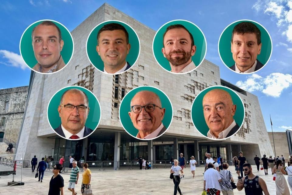 Clockwise from top left: Billy McBee, Matthew Agius, Mark Camilleri Gambin, Alastair Farrugia, Pierre Schembri Wismayer, Arnold Cassola and Carmel Asciak.