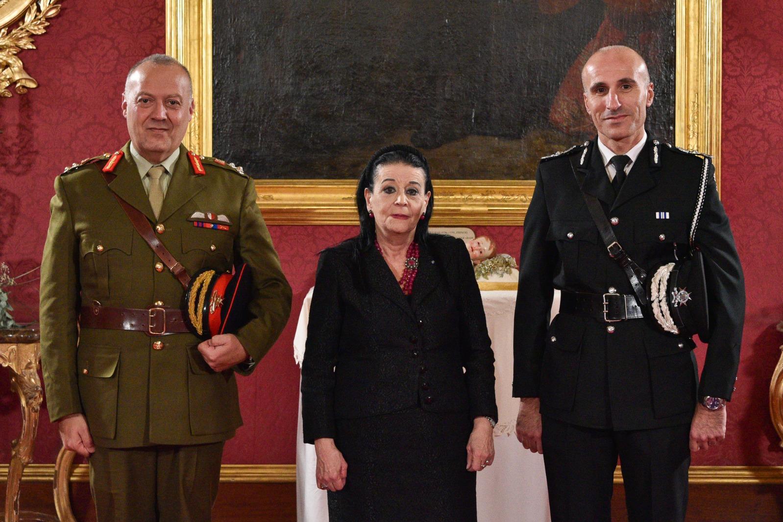 President Myriam Spiteri Debono with Police Commissioner Angelo Gaf&agrave; and the Commander of the Armed Forces of Malta, Brigadier Clinton J. O&rsquo;Neill. Photo: DOI