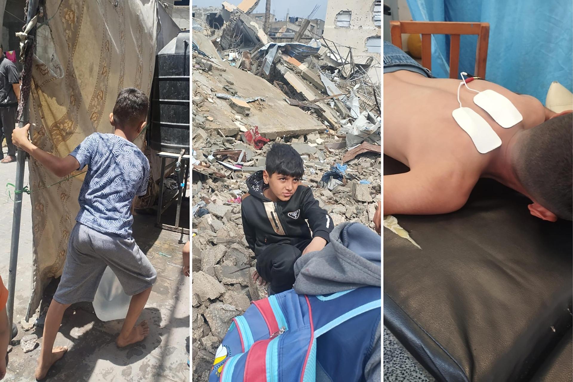 Palestinian mother Ilham Ali said it caused her pain that her sons had witnessed horrific scenes during the war in Gaza. Her son Adham (right) was injured in an airstrike. Her eldest son Hassan (left and centre) faces long walks for supplies.