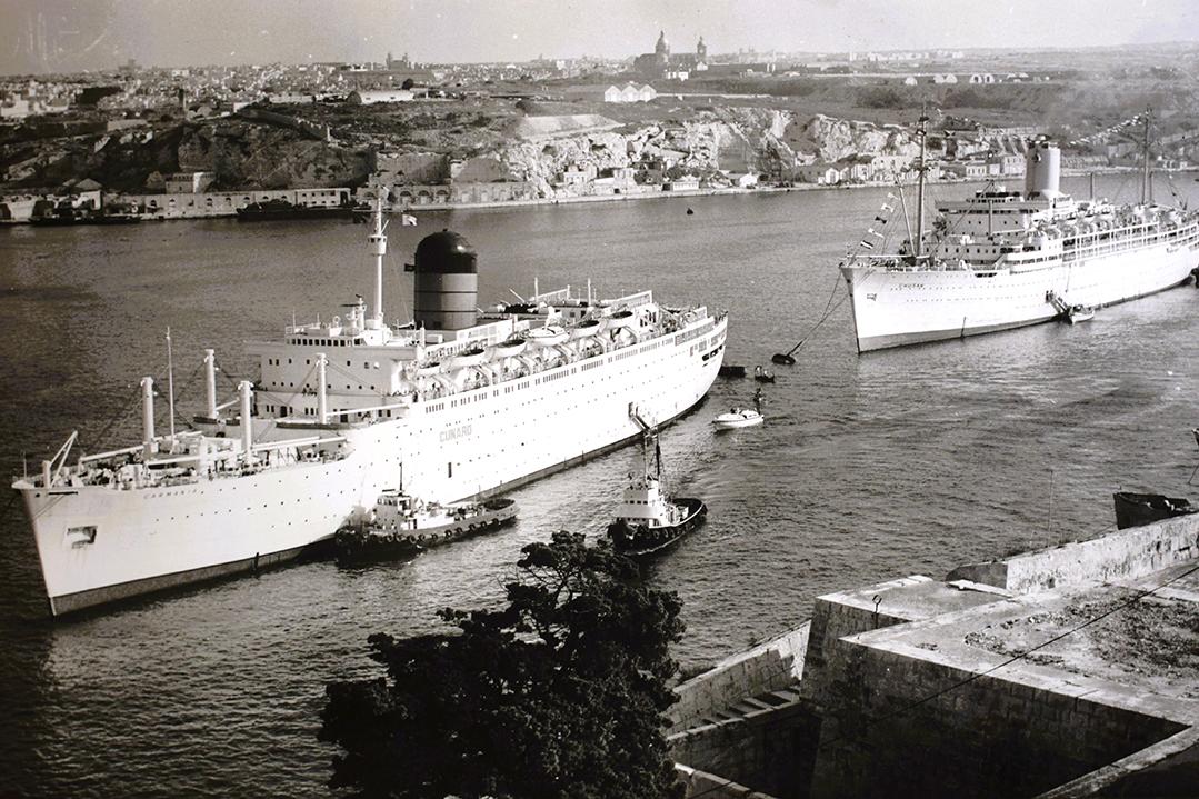 Two passenger ships – the Cunard Carmania and the P & O Chusan in Grand Harbour, 1971.