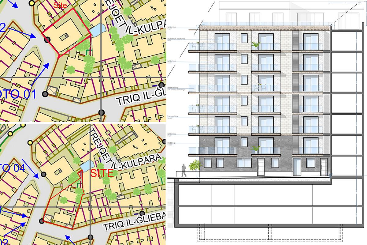 Planning Authority graphics showing the sites of the Lancaster Court development (left, top and bottom) and a render of how the property will look (right).