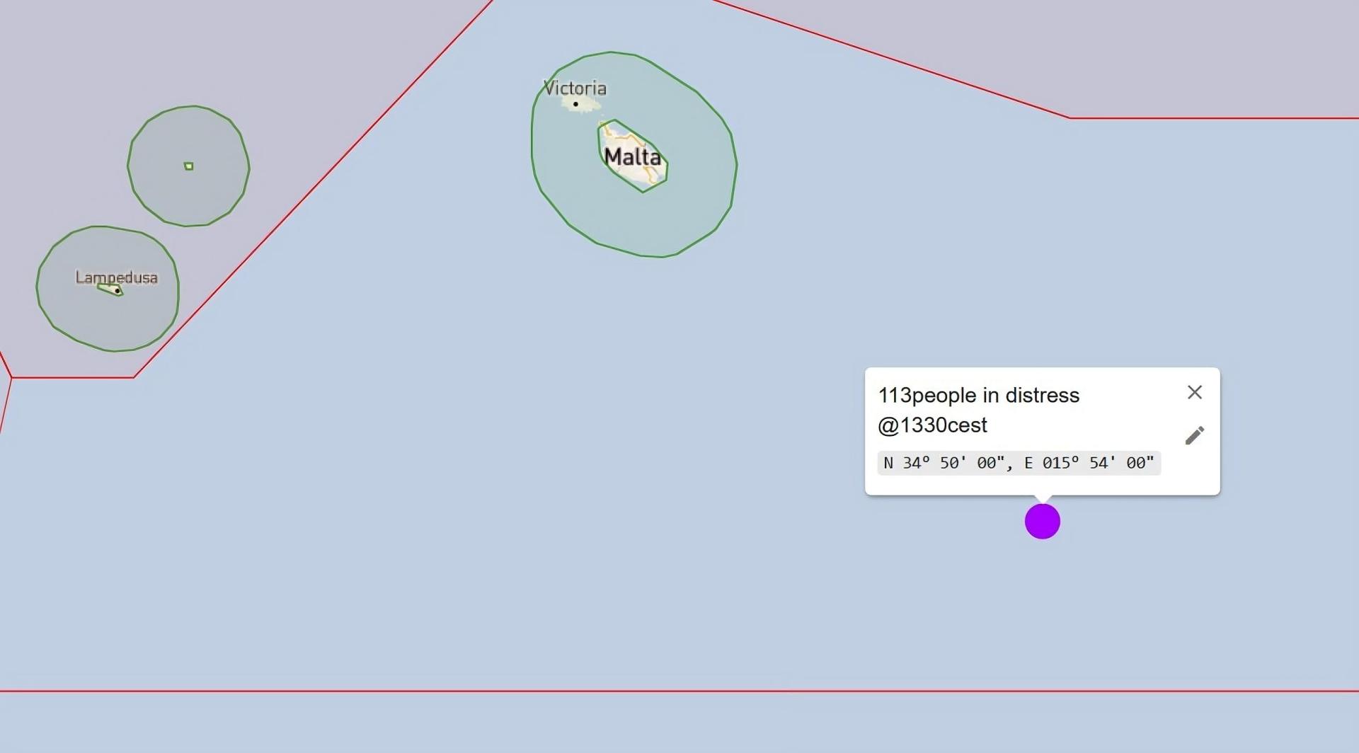 An image of the vessel's location shared by NGO Alarmphone on Sunday.