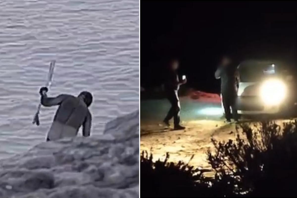 A spearfishing gun, apparently shown in the left image, was discovered at the scene before the two men attempted to leave the area in a white vehicle (R). Screenshots: MRU.