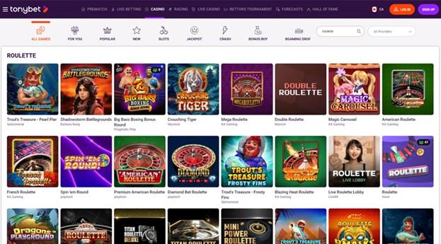 TonyBet casino&rsquo;s roulette page featuring games like Mega Roulette and French Roulette.