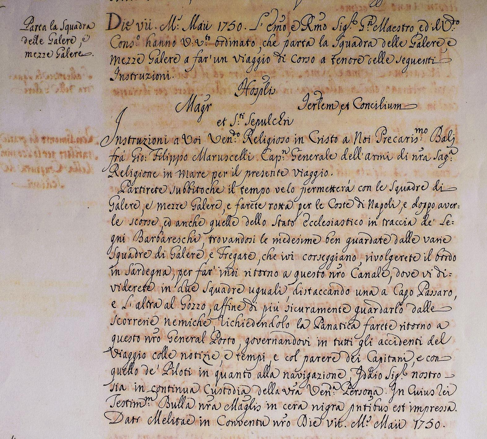 One of the original 1750 instructions by the Order to captain-general Marucelli regarding the conduct of the fleet under his command.