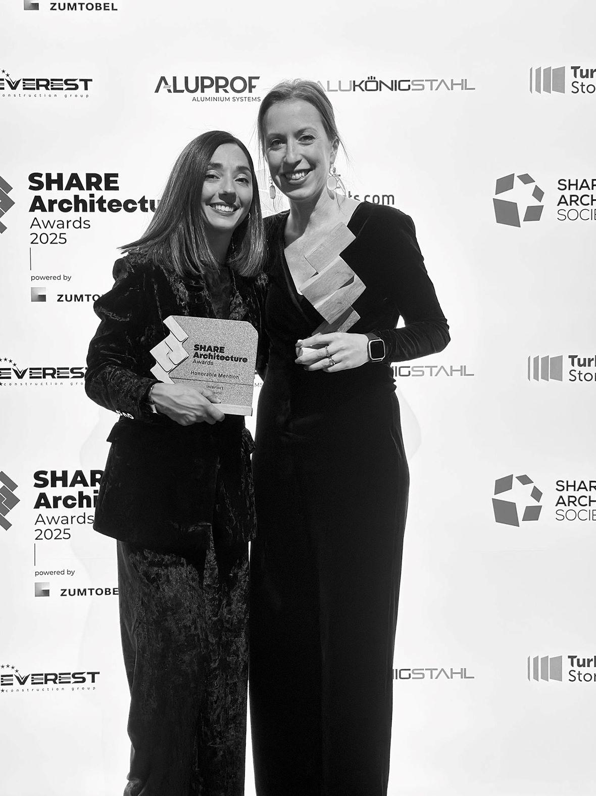 Daphne Bugeja (left) accepted the award for <em>Olivia</em>, which received an honourable mention at the SHARE Architecture Awards, while Archi+ partner and director Anthea Huber received the award for category winner <em>Winnow</em>.