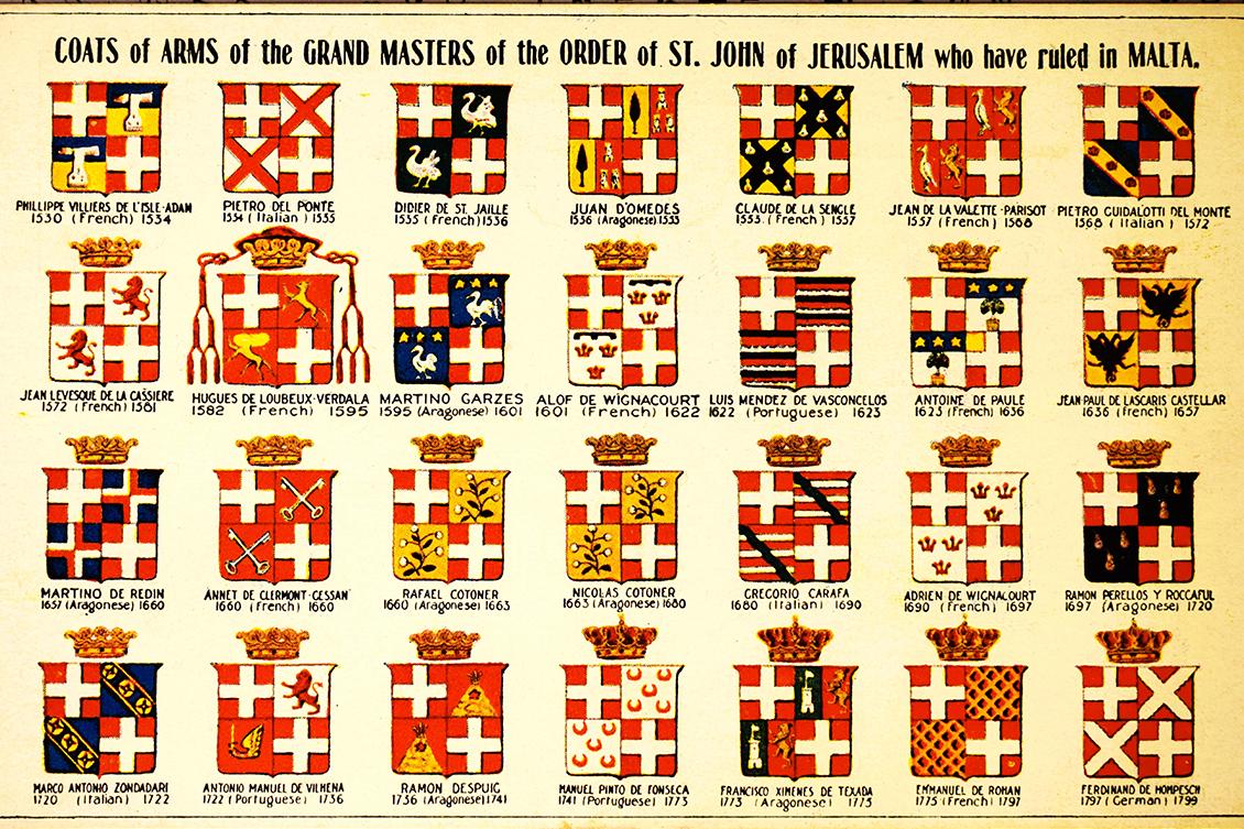 The coats of arms of all the grandmasters who ruled over Malta.