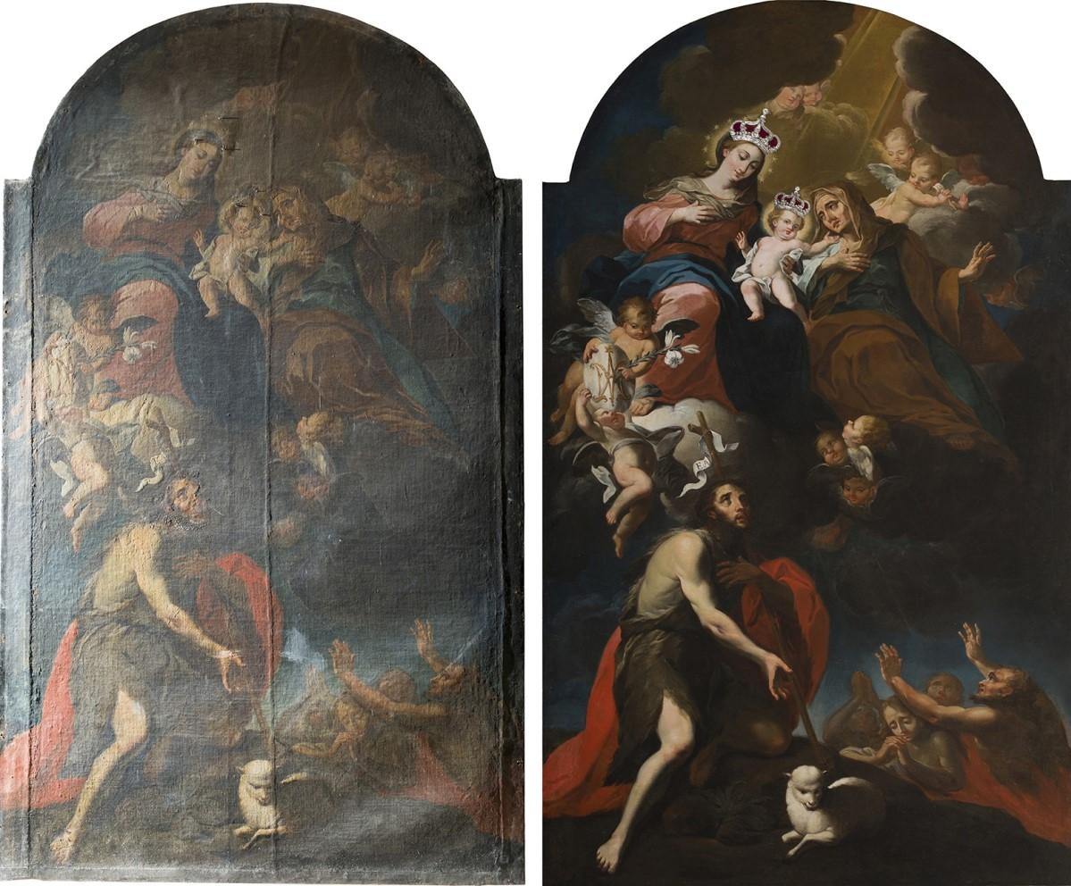 The Virgin and Child with St Anne and John the Baptist (Our Lady of Graces) before and after conservation. Magnets was used to put the crowns back in place. Photos: Manuel Ciantar and Suzanne Ciantar Ferrito obo ASC Conservation Conservation Centre Ltd
