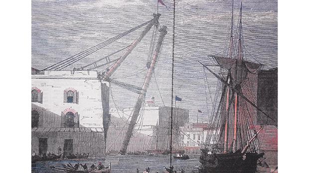 Erecting the new iron sheers in 1864.