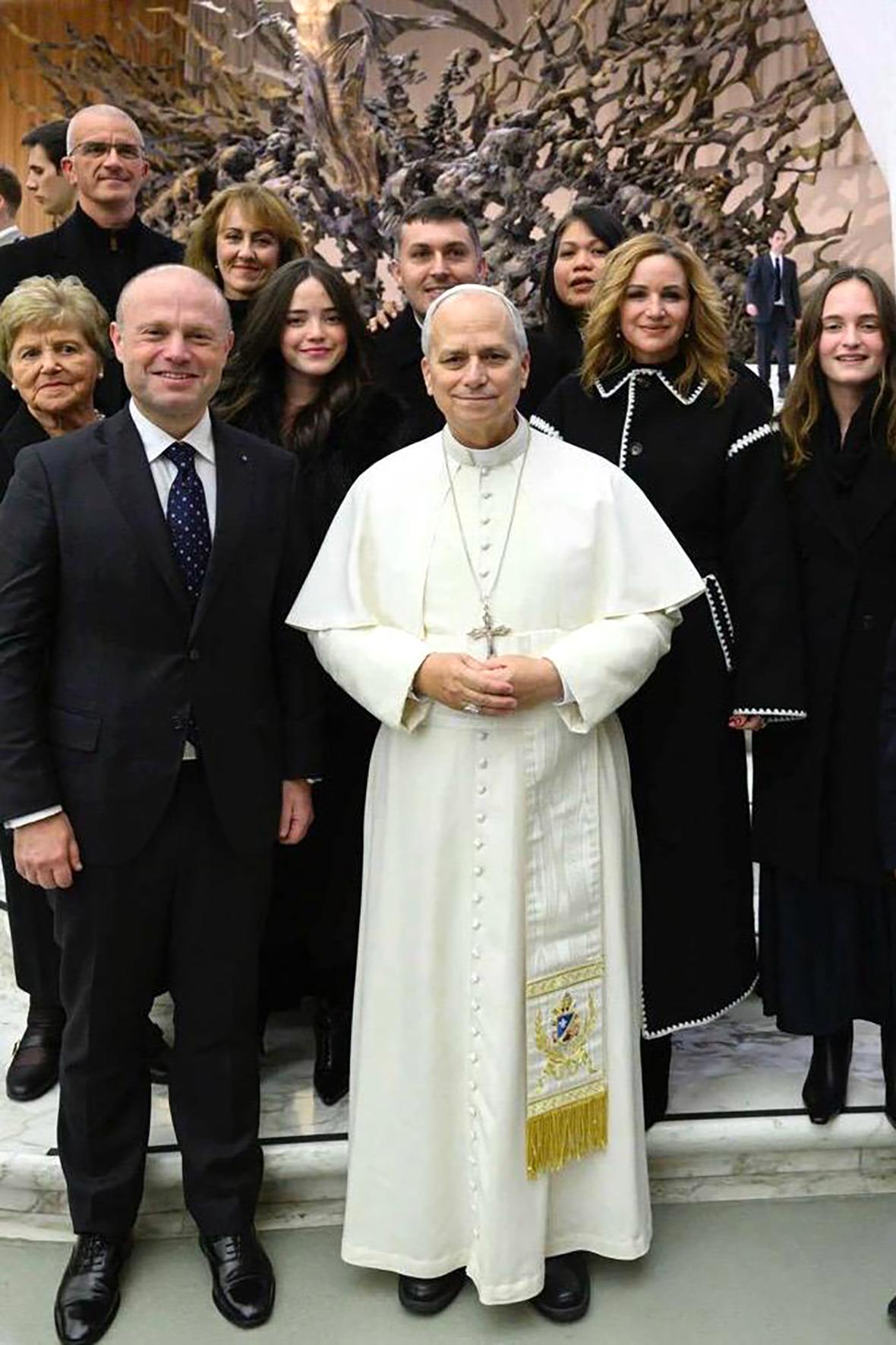 Joseph Muscat and his family with Pope Leo. Photo: Joseph Muscat/Facebook