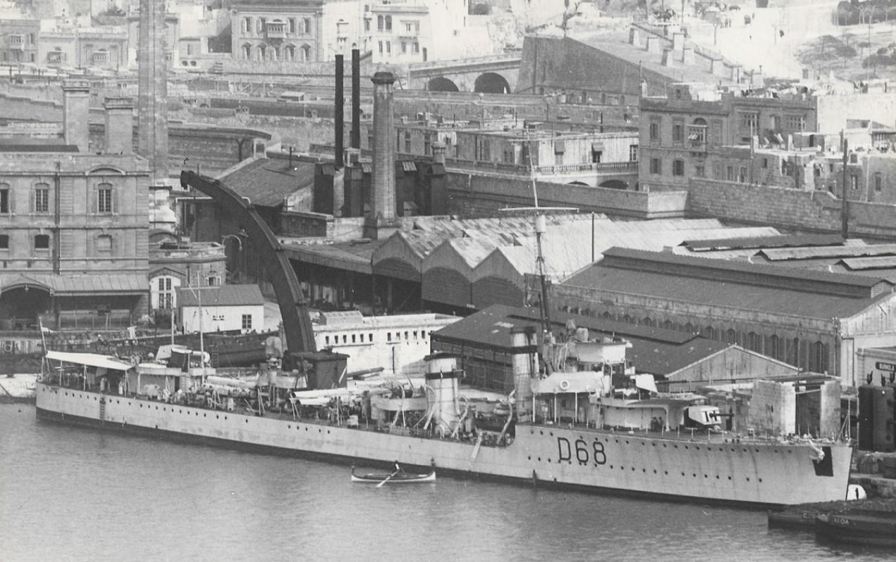 HMS Vampire, the electric light power station and the 20-ton Fairbairn steam crane on Cospicua Wharf.