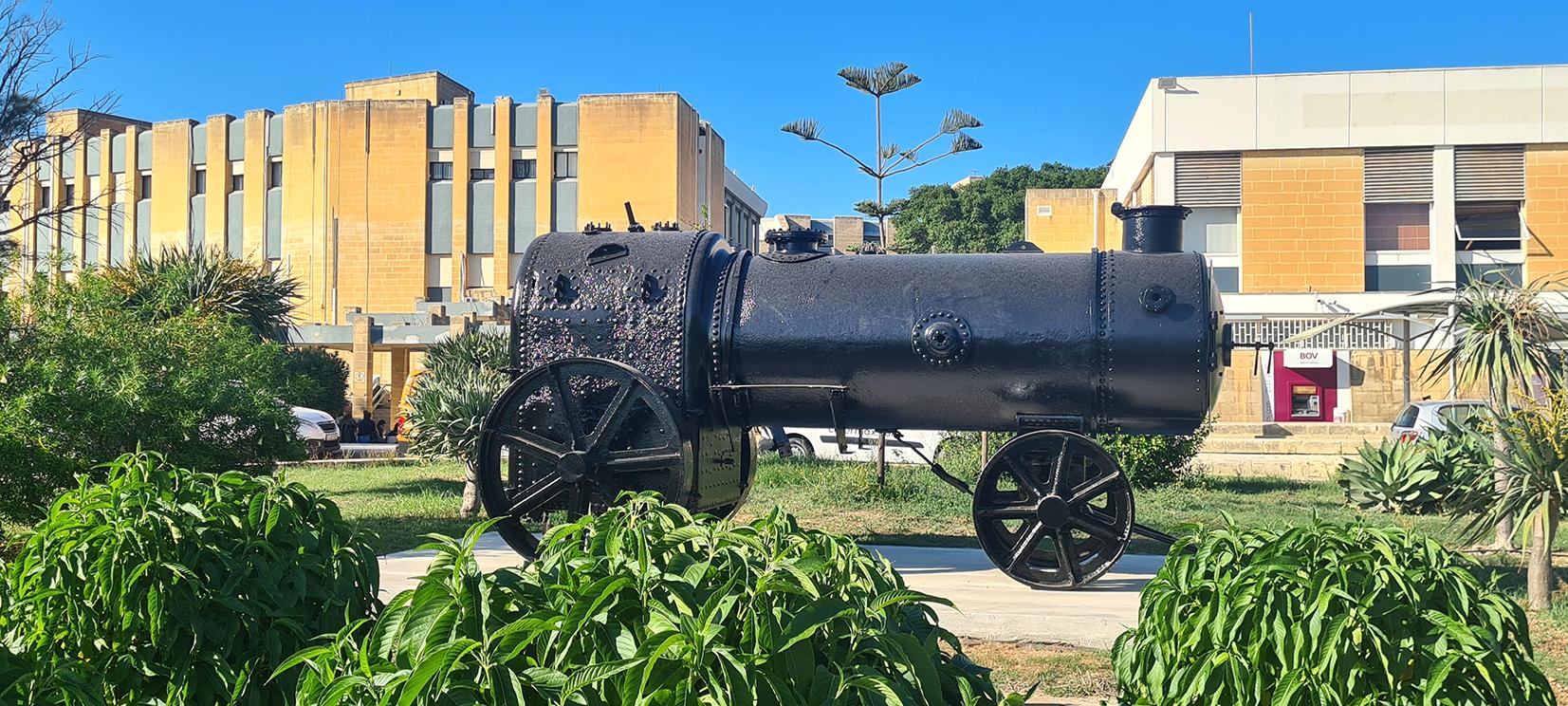 A steam boiler restored by the Malta Industrial Heritage Association and now exhibited at the University of Malta Campus, Msida.