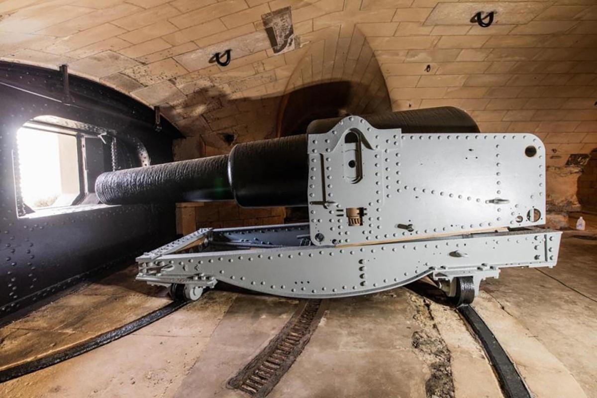 One of the restored 38-ton guns in situ at Fort Delimara. Photo: Heritage Malta