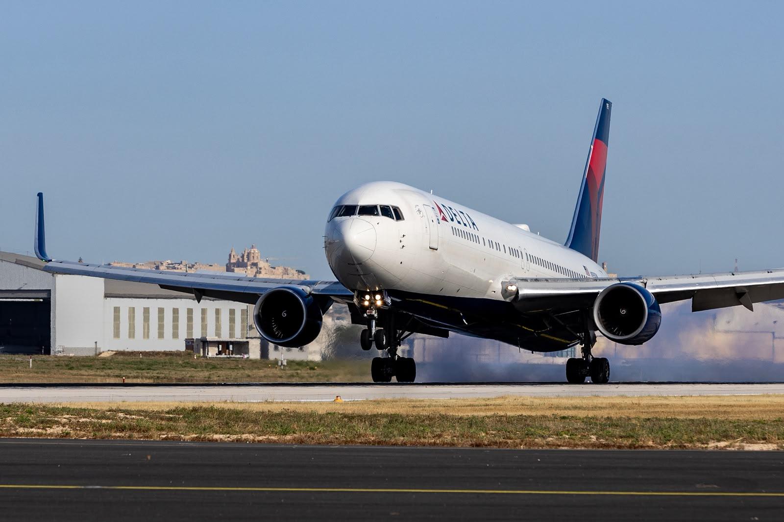 The Delta flight from New York touches down at Malta International Airport. Photo: MIA