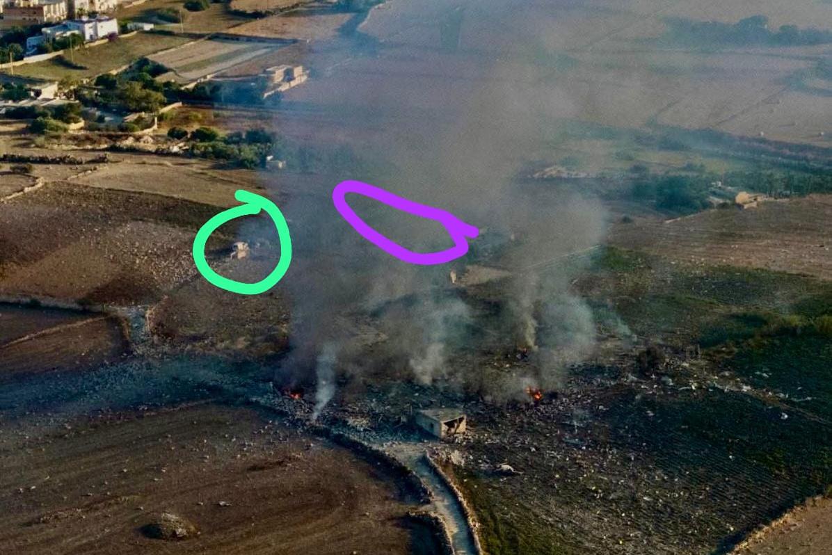 The purple circle shows the room where the farmer sheltered, close to the site of the fireworks factory. The green marks his van.