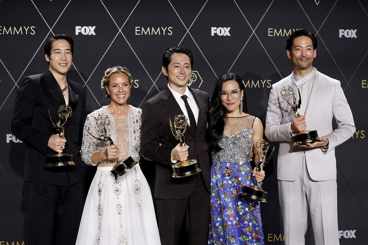 (Left to right) Young Mazino, Maria Bello, Steven Yeun, Ali Wong, and Joseph Lee, winners of Outstanding Limited Or Anthology Series for <em>Beef</em>.