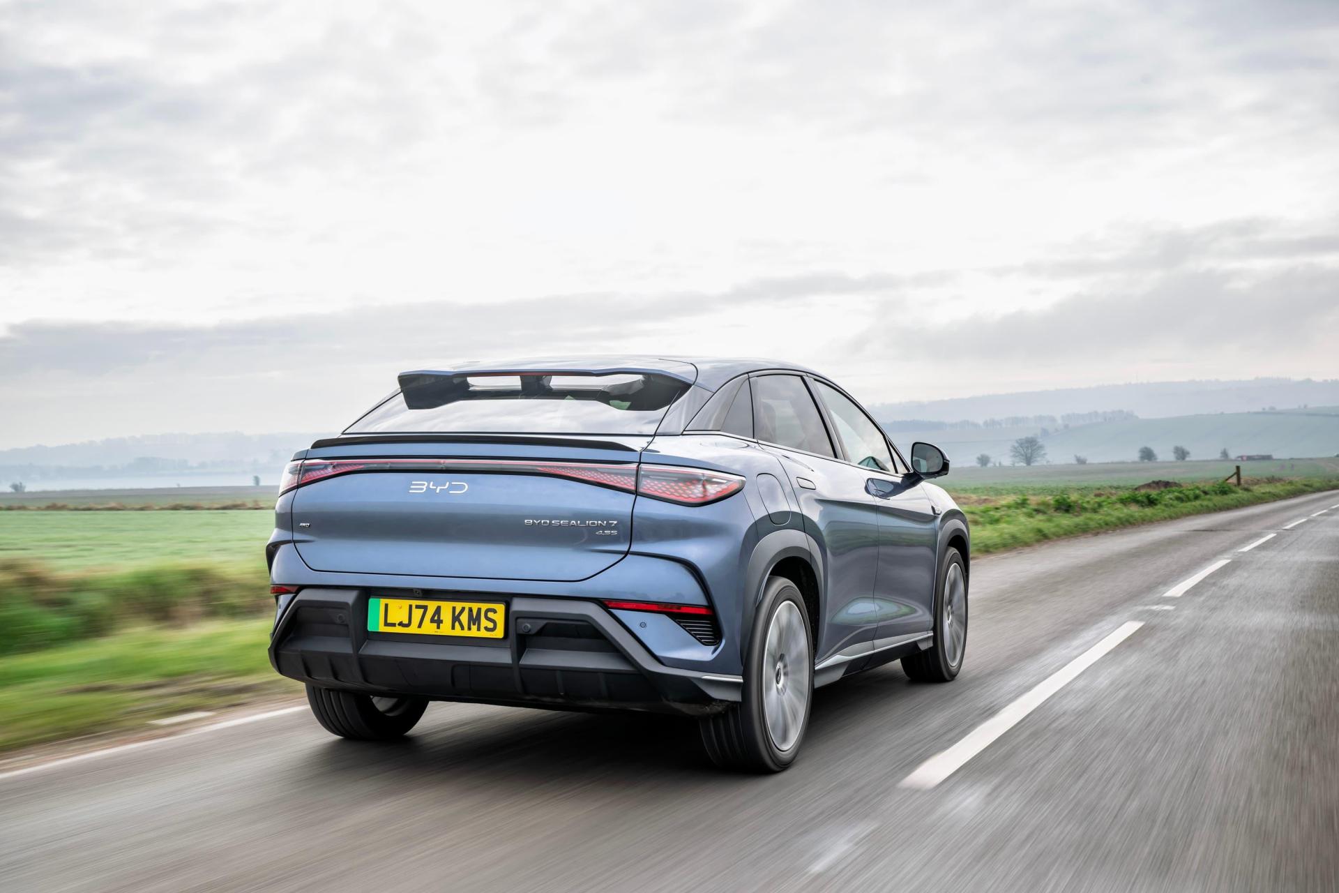 The rear of the car has a rounded design.