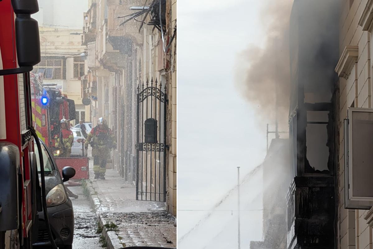 Firefighters in action on Monday afternoon and (right) the charred remains of the wooden balcony. (Chris Sant Fournier)