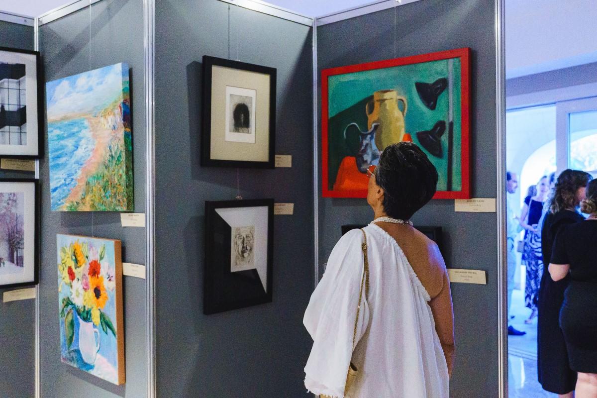 A guest viewing the artworks on display.
