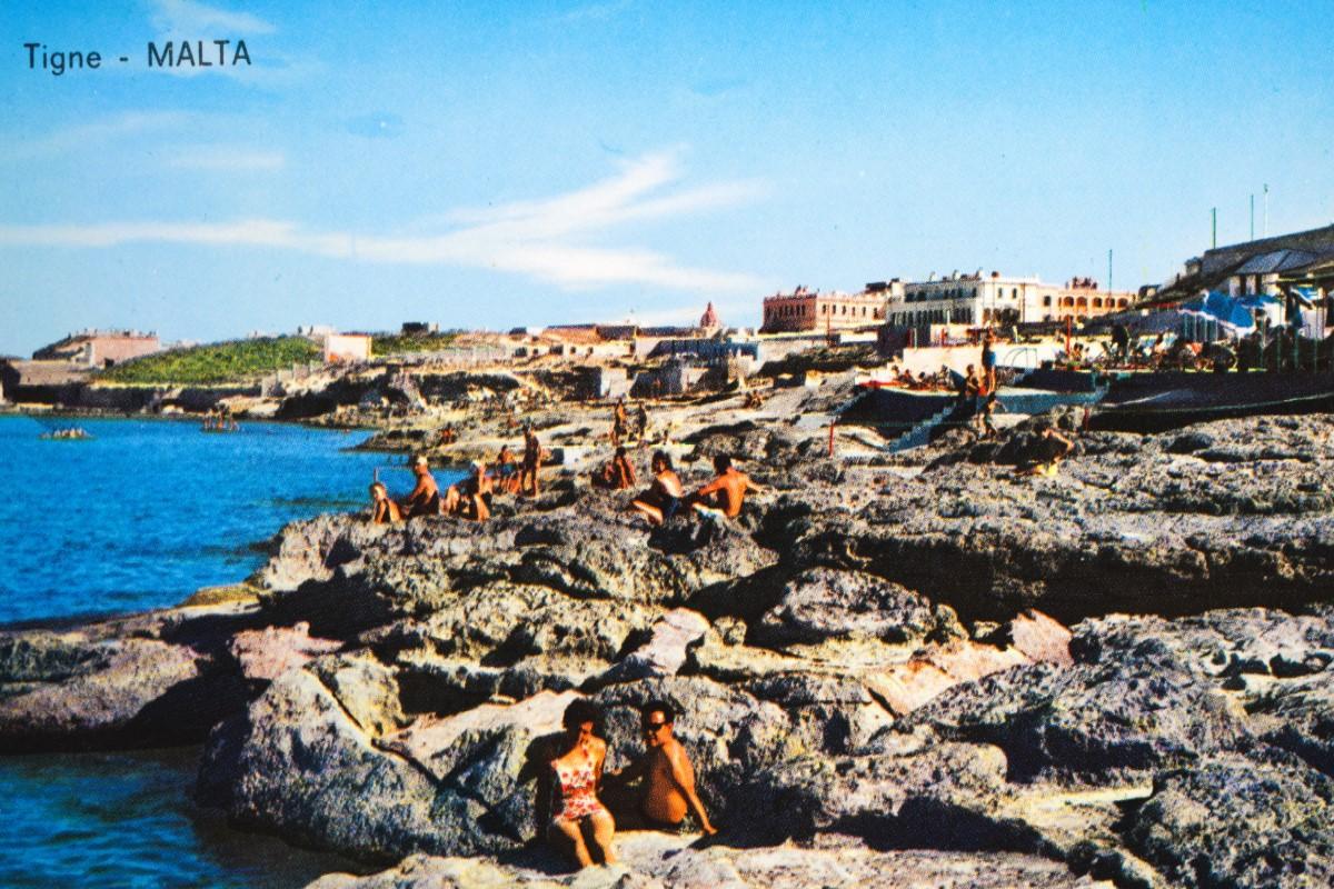 Tign&eacute; Beach, Sliema, in a postcard by the ABC Library.