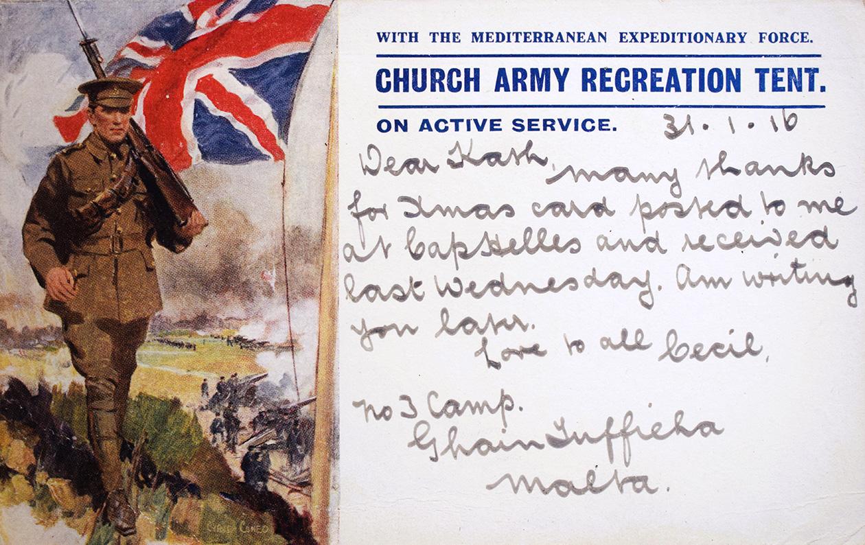A postcard sent in 1916 from the Church Army Recreation Tent in Għajn Tuffieħa camp.