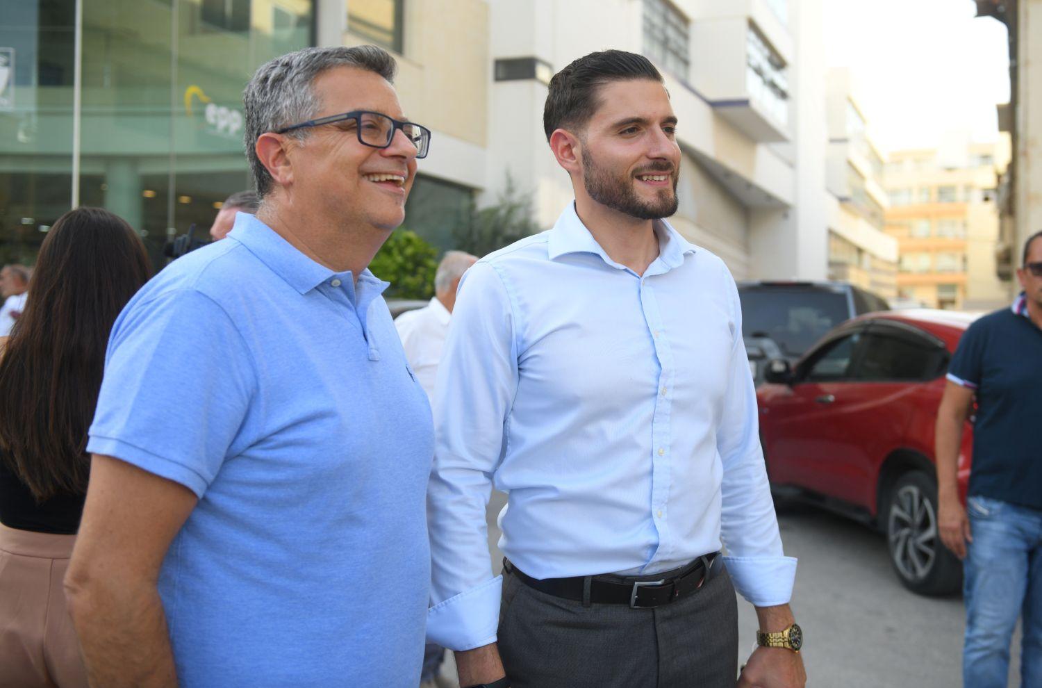 Adrian Delia and Alex Borg outside the party quarters on Friday. Photo: Matthew Mirabelli