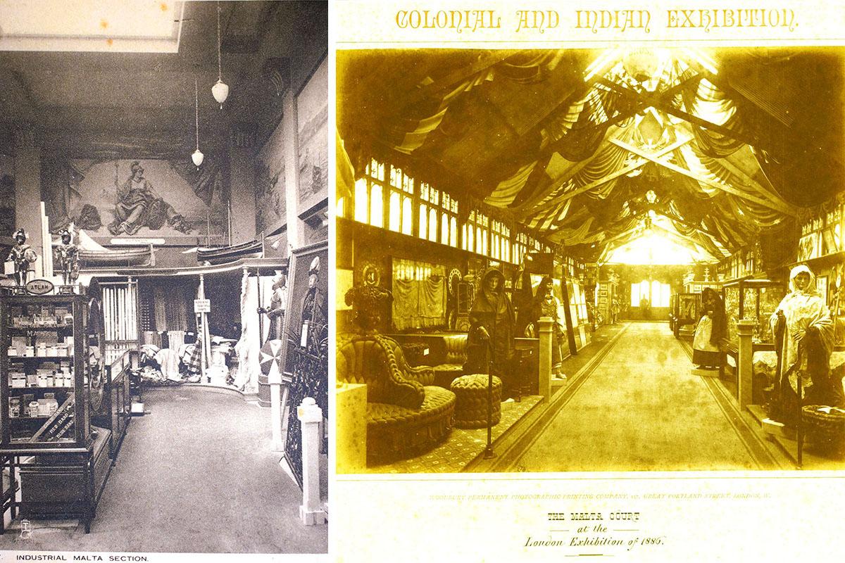 Before the great 1926 Wembley Empire Exhibition, public preliminary displays were held in Malta. Right: A section of the Malta stand at the 1886 Colonial Exhibition. Photo: National Museum of Archaeology, Heritage Malta