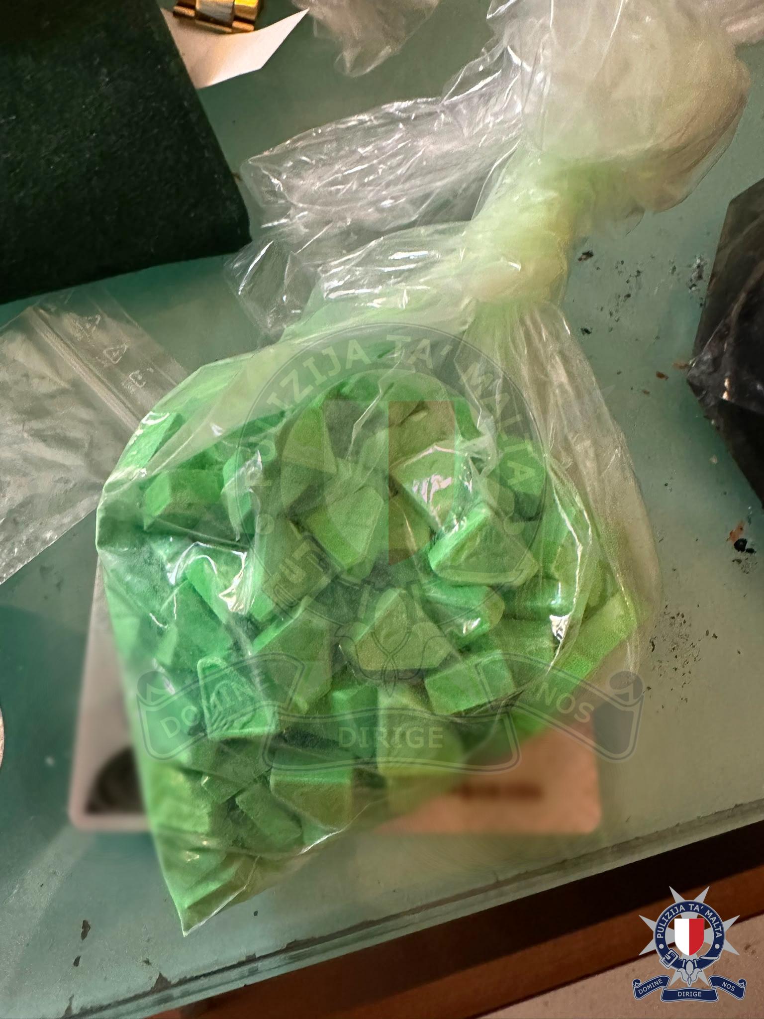 One of several bags of ecstasy pills found in the second raid. Photo: Malta Police CMRU