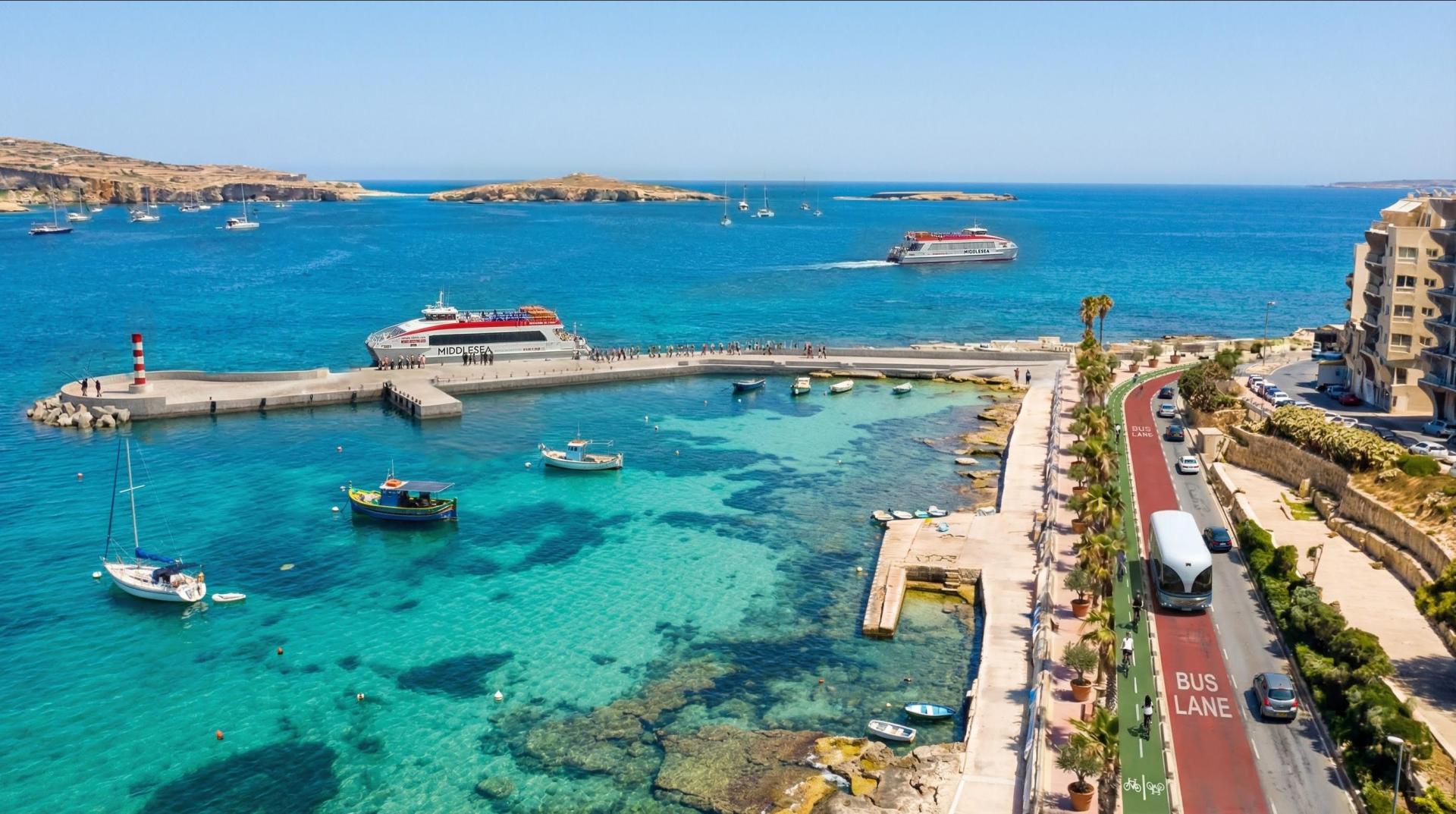 A render of the Buġibba ferry landing with a dedicated bus lane presented this week. Image: Mizzi Studios