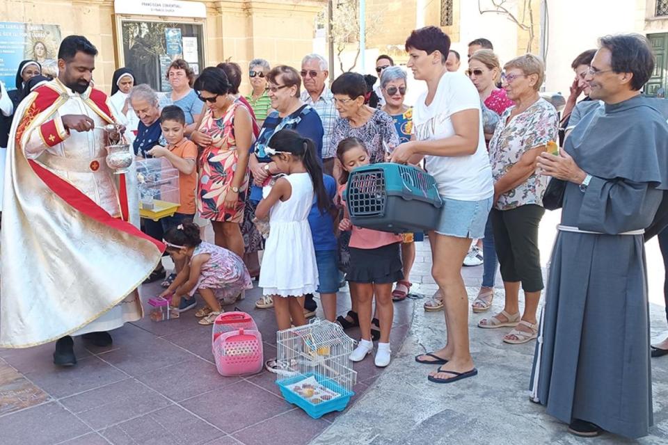 Fr Varghese Putenpurackal, OFM Conv, blessing animals in front of Victoria church on the feast day of St Francis of Assisi. Photo: Charles Spiteri