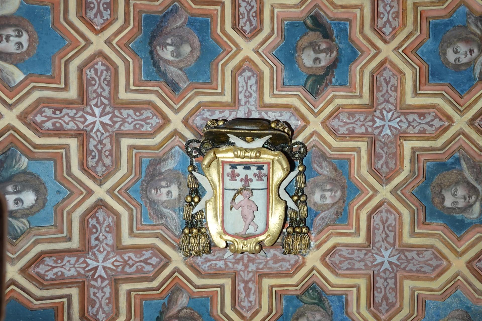 The uncovered coffered ceiling, with the coat of arms of Bishop Cagliares. Photo: Curatorial Studio