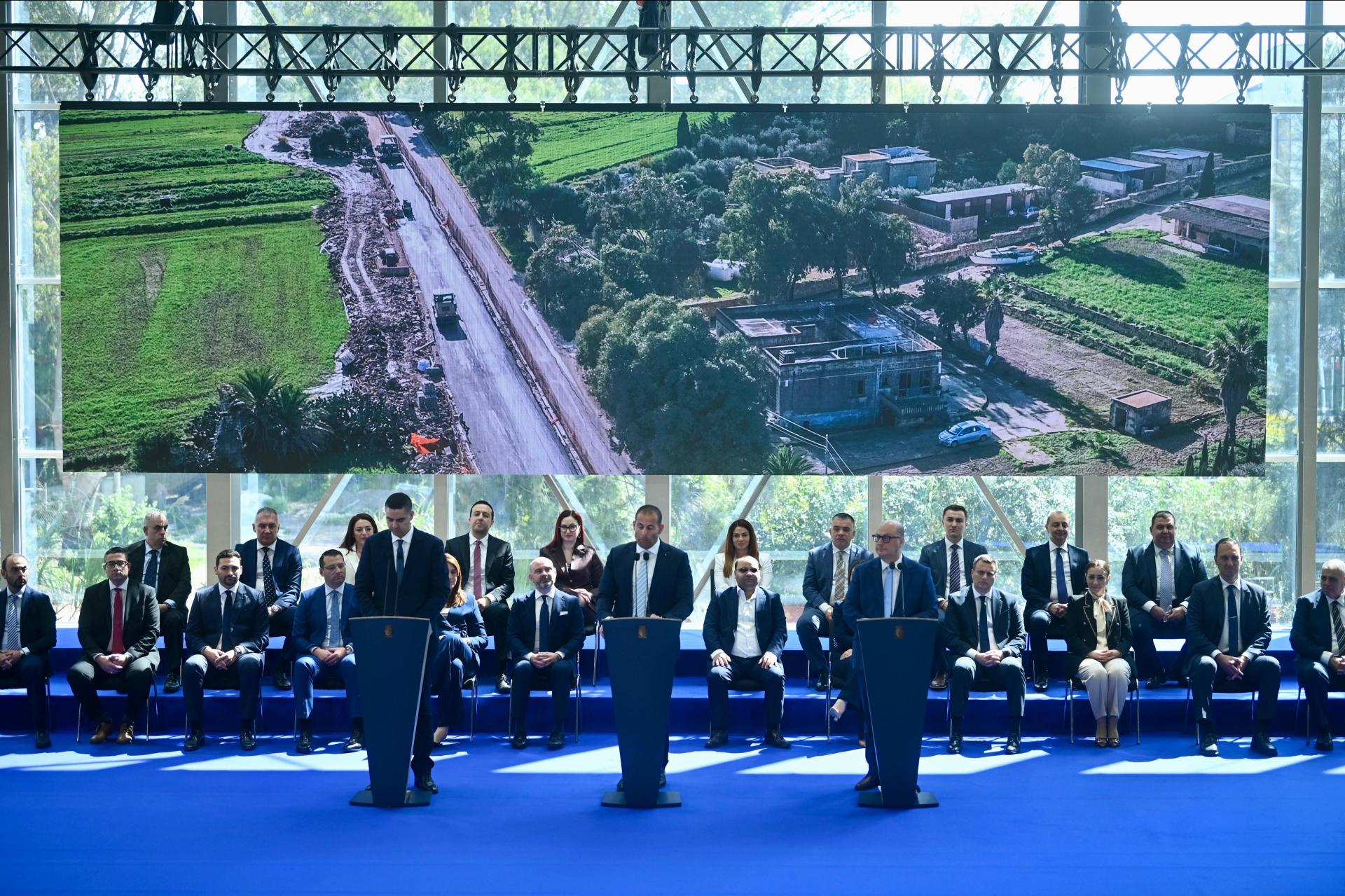 Abela was joined by the entire cabinet at Thursday's news conference at the Marsa Sports Complex. Photo: Jonathan Borg.
