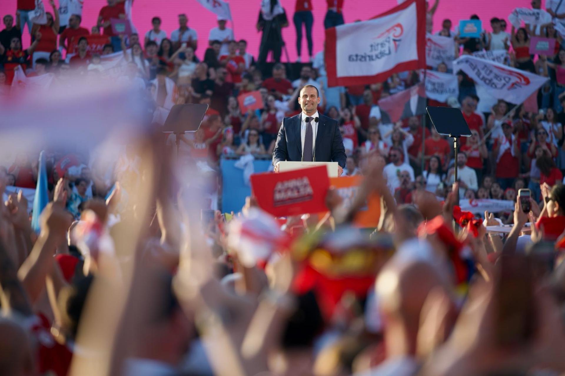 Robert Abela addressing party faithful at the Victor Tedesco Stadium in Ħamrun. Photo: PL.