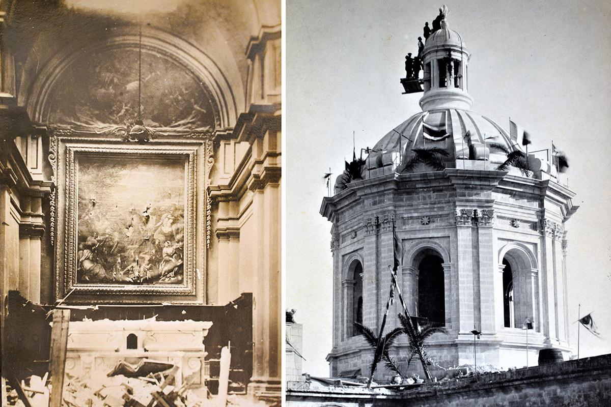 A 1924 postcard of the damage after the collapse of St Paul’s dome. Right: The present dome, designed by Robert V. Galea in 1926.