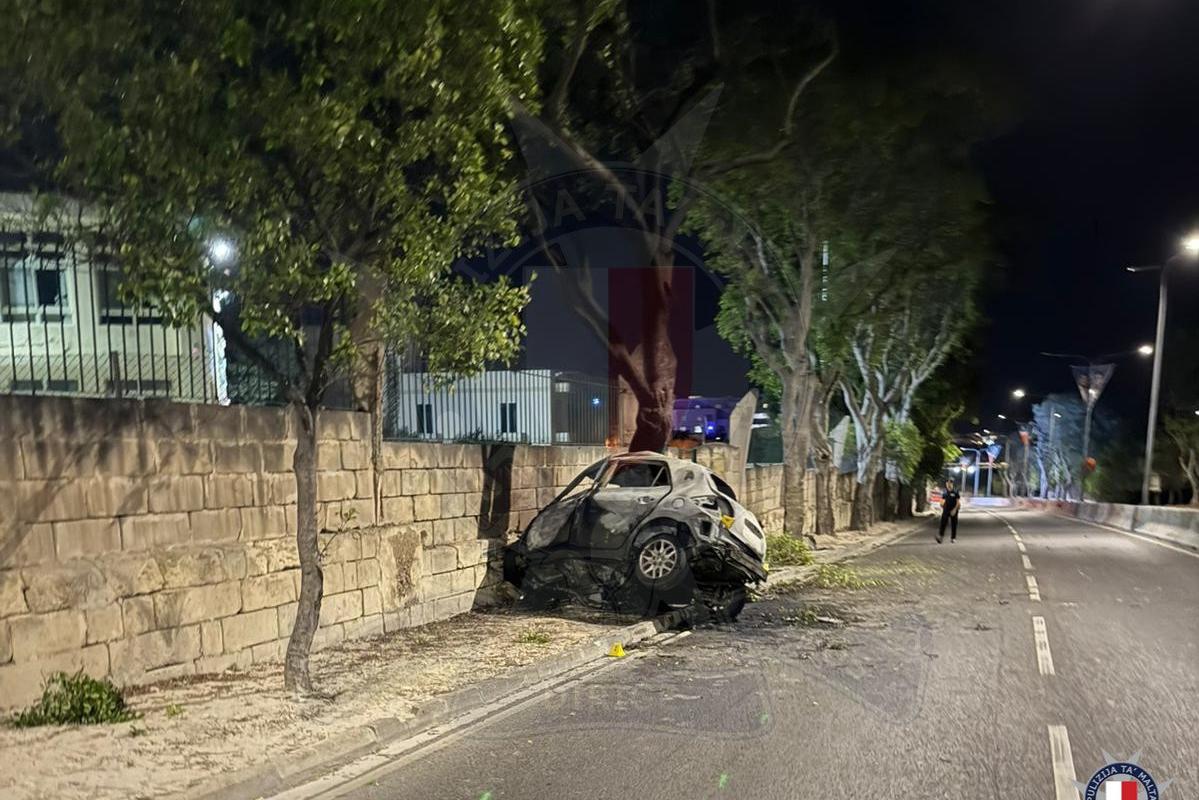 The wrecked car at Tal-Barrani. Police photo.