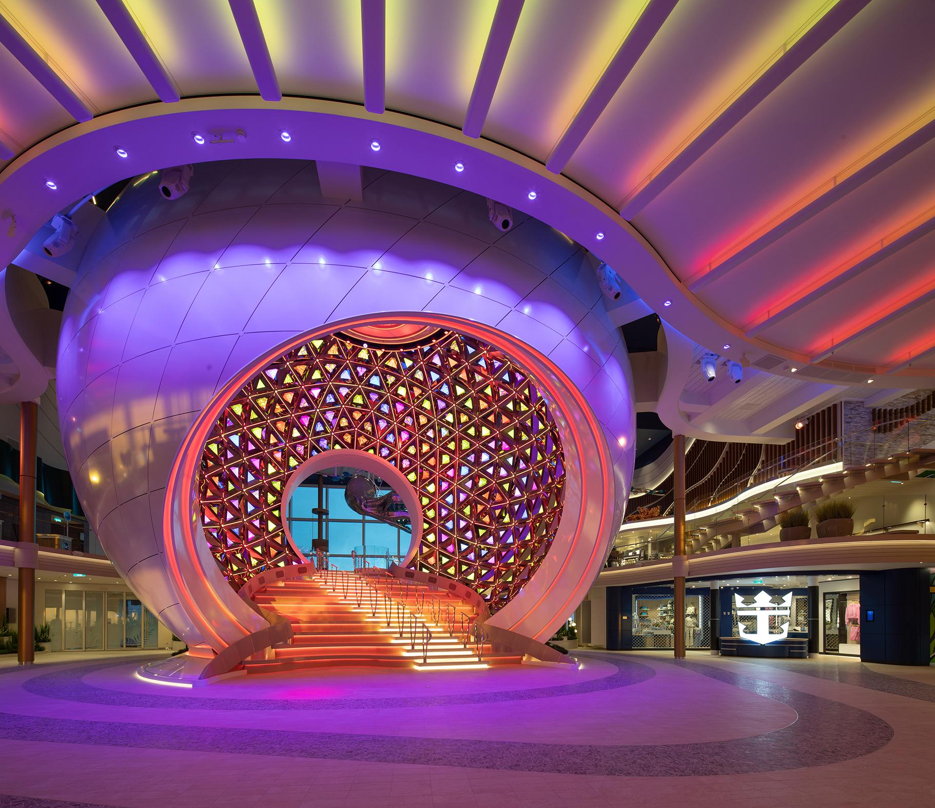Upon entering the ship, you are greeted by a massive, LED-lit sphere Royal calls The Pearl.