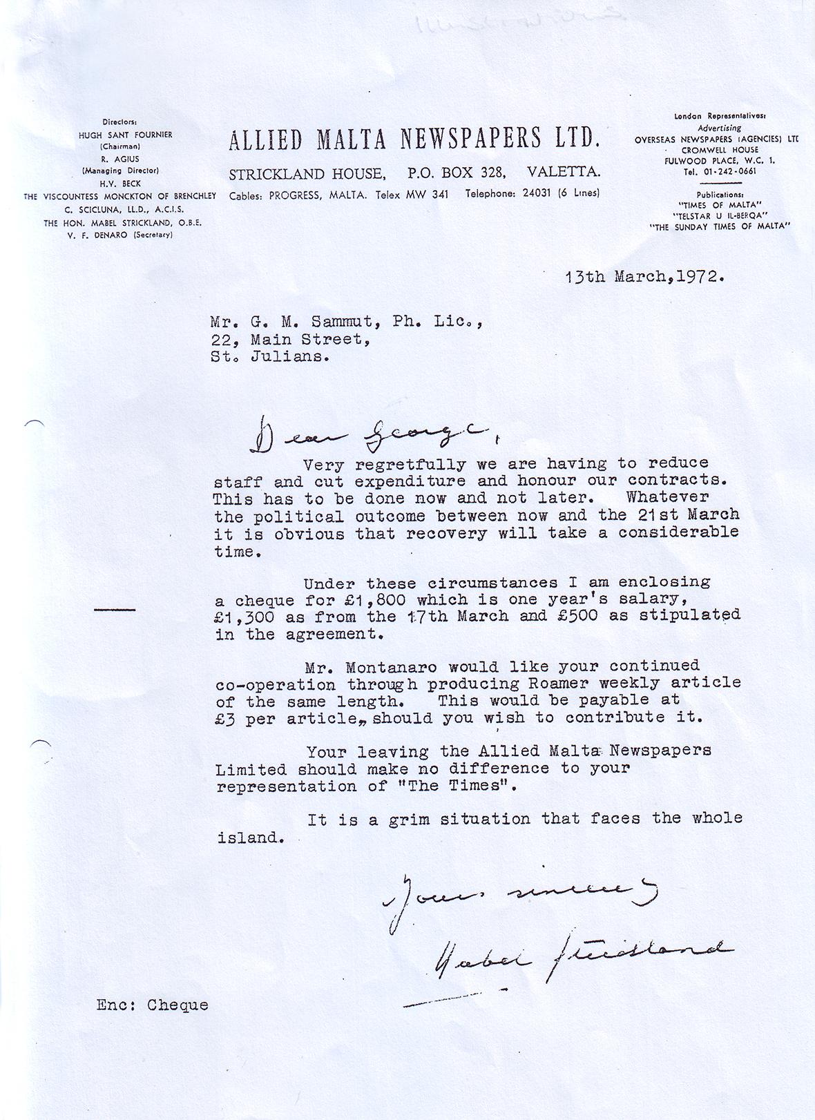 Mable Strickland&rsquo;s letter dismissing Sammut, abruptly cutting short his 26-year journalistic career.