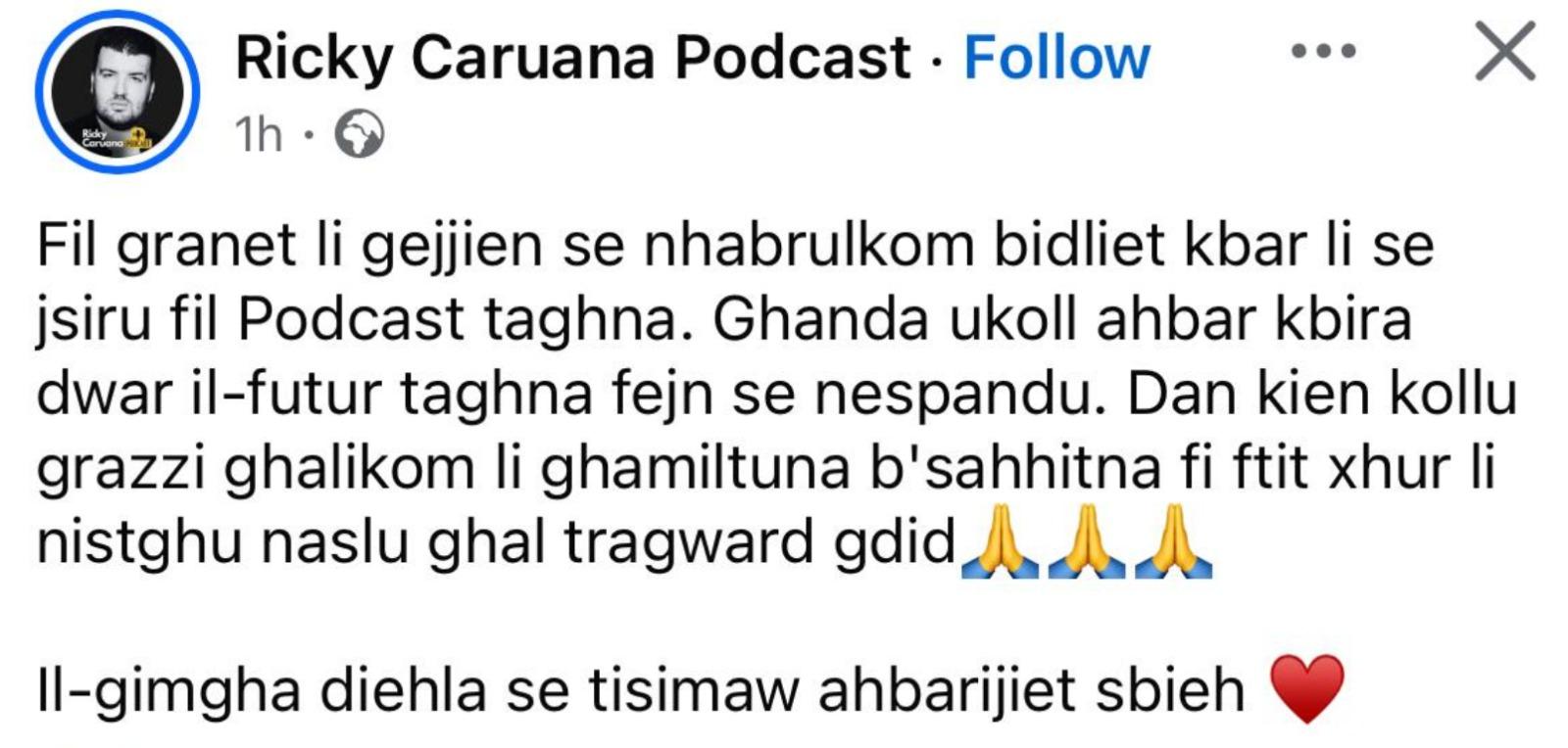 Ricky Caruana teased the big news in a Facebook post on Thursday