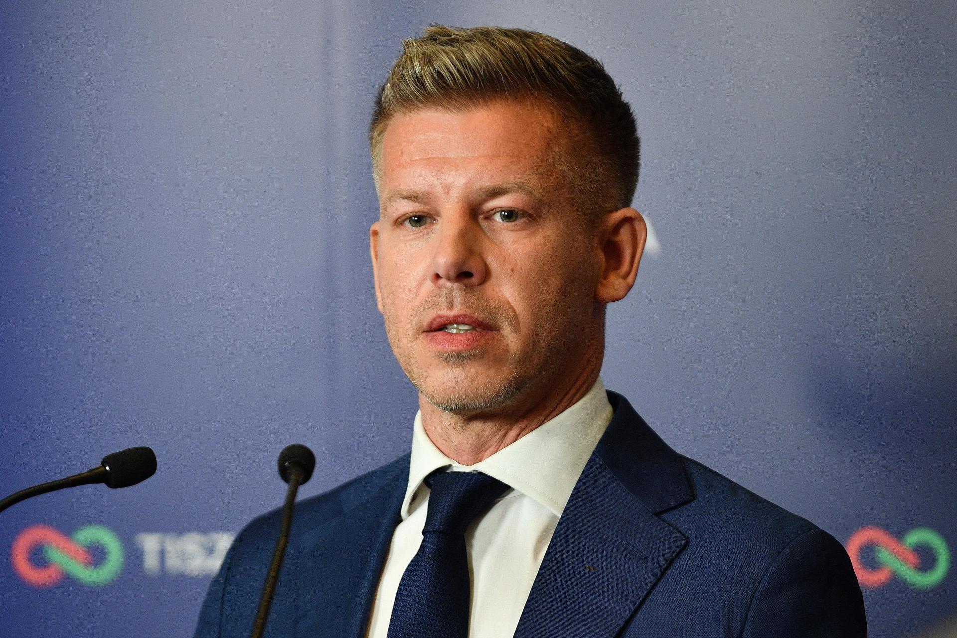 Peter Magyar, leader of the pro-European conservative Tisza party, speaks on polling day Sunday. Photo: FERENC ISZA / AFP.