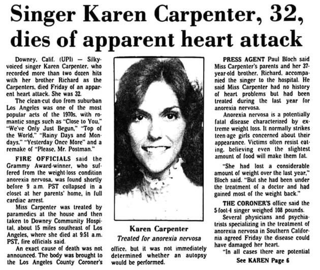 Remembering singer Karen Carpenter: shedding light on anorexia nervosa