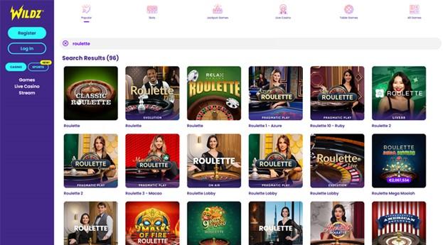 Wildz casino's roulette search results showing 96 games, including Mega Moolah and Pragmatic Play titles.