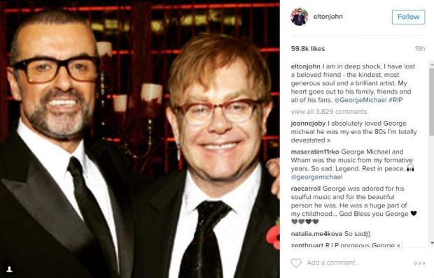 Elton John said 'I am in deep shock' in an Instagram post following news of George Michael's death. Photo: Instagram/Elton John